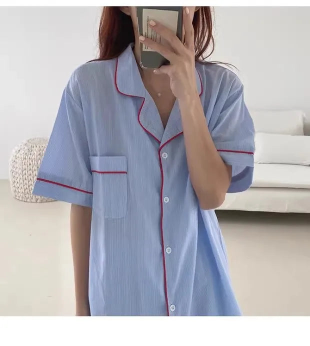 Women's Striped Solid Color Pajamas Short Sleeve Shorts Cardigan with Lapel Student Homewear Two-Piece Set Girl Sleepwear