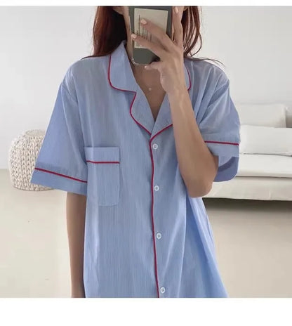 Women's Striped Solid Color Pajamas Short Sleeve Shorts Cardigan with Lapel Student Homewear Two-Piece Set Girl Sleepwear