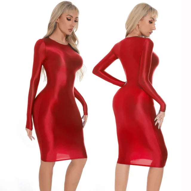 Sexy Women Bodycon Dresses Glossy Tight Dress Professional Uniform Seductive See-Through Underwear Seamless Nightdress For Lady Red