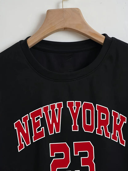 New York Letter Print Crop T-shirt, Casual Crew Neck Short Sleeve Top, Women's Clothing