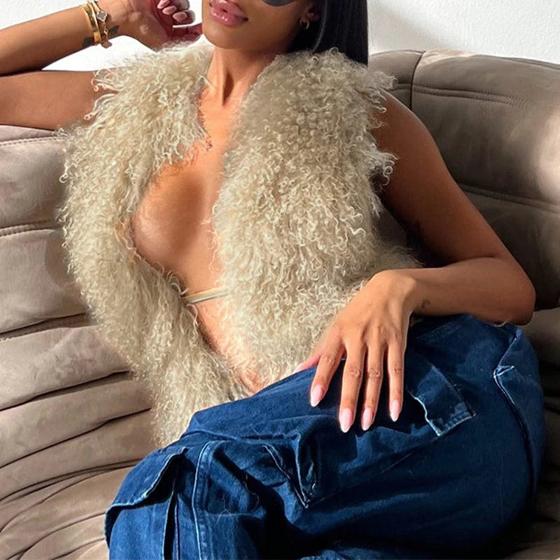 BKLD Sexy Temperament Fluffy Tops For Women High Street Y2K Nightclub Outfits Faux Fur Backless Lacing Solid 2025 Vest Waistcoat