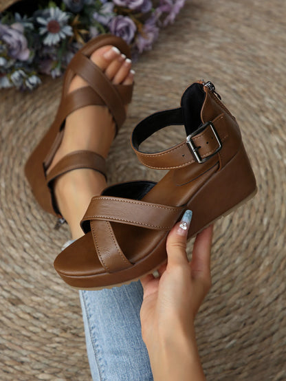 Roman Style Thick Heel Sandals Women's Summer Fashion Large Size Belt Buckle High Heels Platform Slippers PU Leather TPR