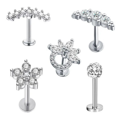 5PCS Flower Tragus Piercing Set Flat Back Cz Cartilage Stud Earring Helix Jewelry Conch Rook Stud Lot Labret Lip Piercing Bulk 5PCS Set1