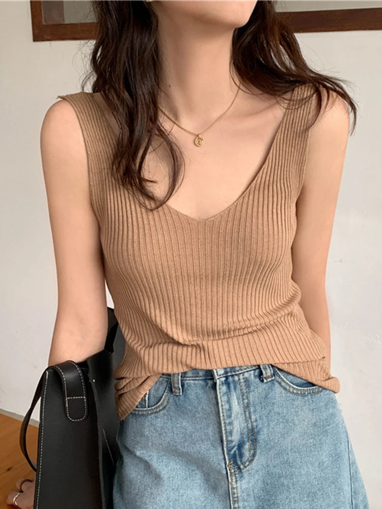 Solid Color Basic Women's Vest Tank Top Solid Color Knitted Tees Top Cropped Top Camisole Sweater V-neck Summer Sleeveless Khaki One Size