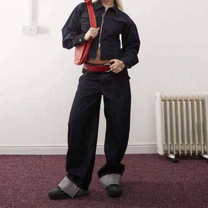 Lapel Zipper Denim Jackets Pants Sets Women Casual Pockets Short Jackets Suit With High Waist Jeans Lady Chic High Street Outfit pants