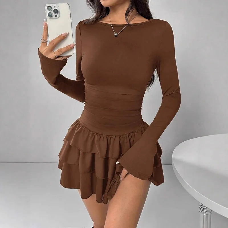 2025 Autumn Solid Slim Fit Cascading Ruffles Mini Dress Winter Women Elegant Flare Sleeve High Waist Sexy Party Bodycon Dresses Badiee Stylez