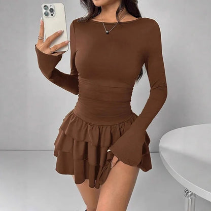 2025 Autumn Solid Slim Fit Cascading Ruffles Mini Dress Winter Women Elegant Flare Sleeve High Waist Sexy Party Bodycon Dresses Badiee Stylez