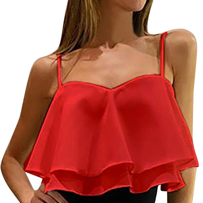 Women Ruffle Design Camisole Loose Solid Off Shoulder Sleeveless Top Hot Girl Trend Summer Club Party Short Vest Top red