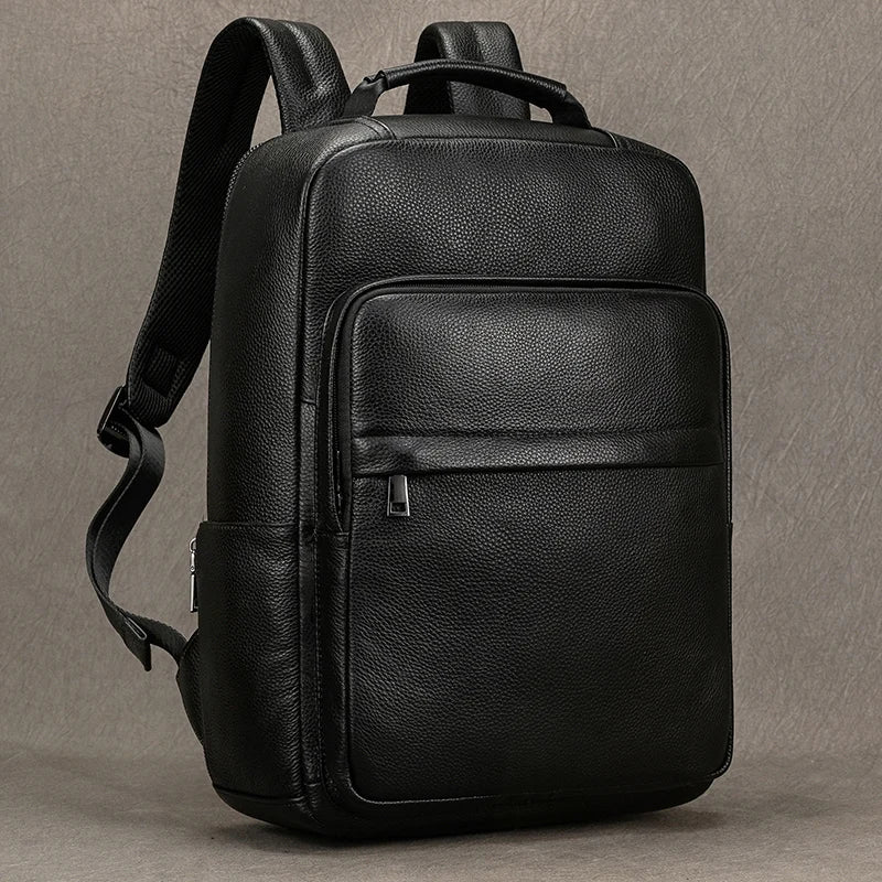 Hot Sale 15.6" Men Laptop Backpack Genuine Leather Waterproof Backpack Fashion Travel Bags School Bag Leather Bookbag Daypack black CHINA