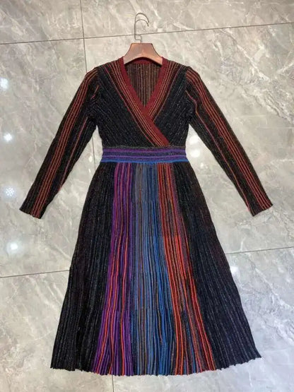 QMQA Fashion Women's Gradient Stripes Design Dresses V Neck High Waist Long Sleeve Elegant Party Dress Female Spring New 1A116 Badiee Stylez