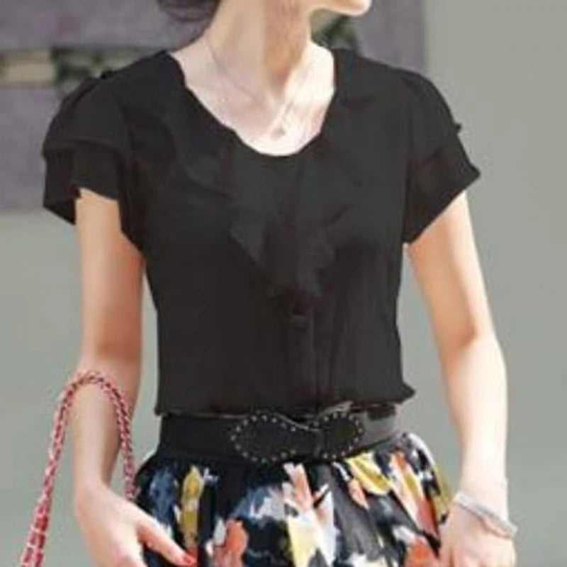 New Arrival 2024 Chiffon Short Sleeve Female Blouse Shirt Fashion Ruffles Ladies White Black Office Blouses Women Clothes