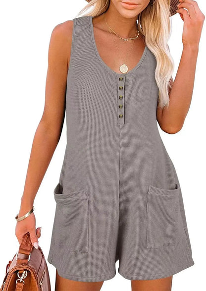 Women Loose Overalls Boho Solid Color V Collar  Pocket Sleeveless Rompers Summer Casual Clothes Short Jumpsuit Badiee Stylez