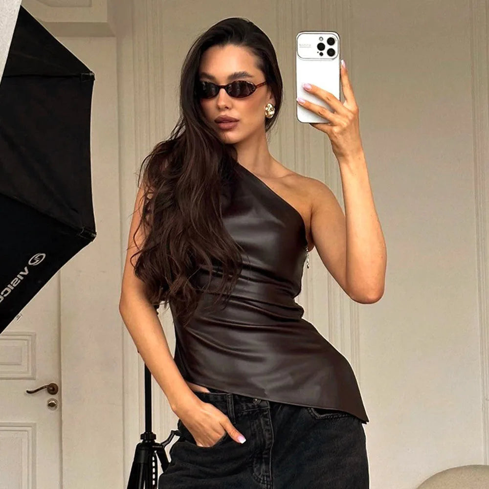 2025 Fall Snd Winter New Pure Color Slim Sleeveless One-Shoulder Slanting Collar Zipper Show Thin Jacket