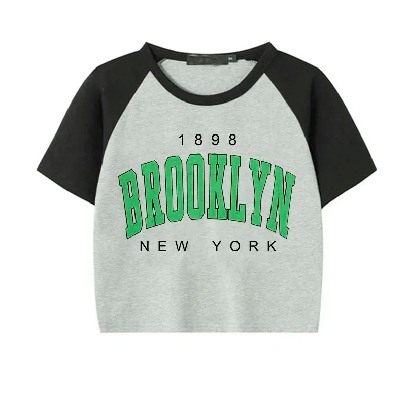 Women Brooklyn 1898 Letter Print Crop Tops Y2k T Shirt Harajuku Cropped Tshirt Funny Graphic T-shirt Korean Style Clothes Female 407