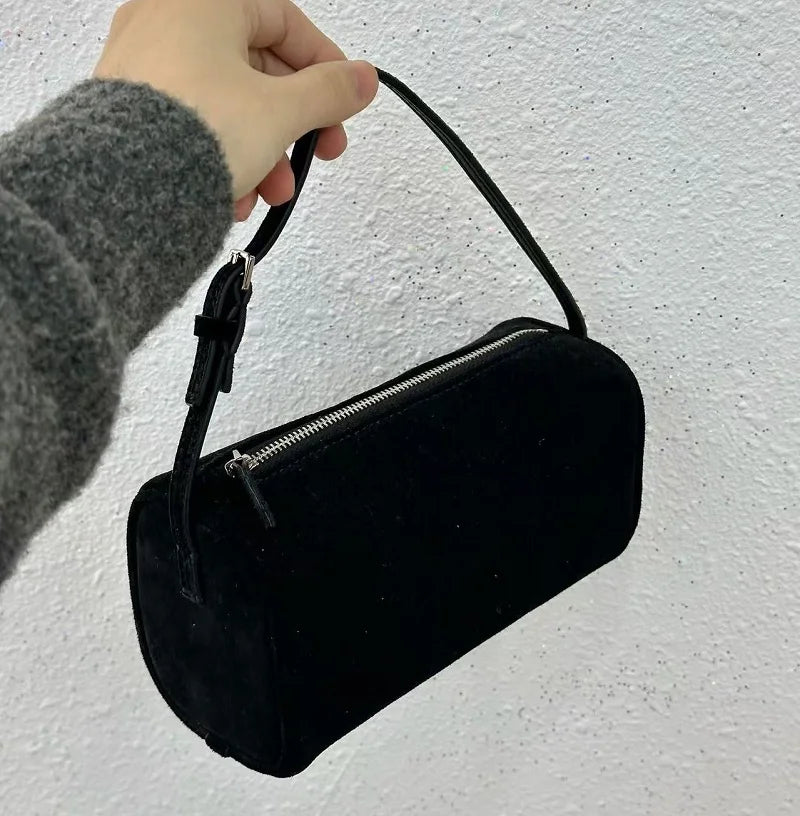 VIELINE Women's Pencil Bag Pillow Bag Genuine Leather Underarm Hobo Bag Day Clutches Ladies Simple Design Mini Purse Black Suede 19cmX11cmX8cm