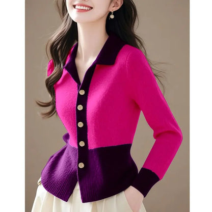 2024 Patchwork New Autumn Winter Polo Knitting Cardigan Sweater Coat Fashion All-match Long Sleeve Temperament Top Tee Women's Rose Red