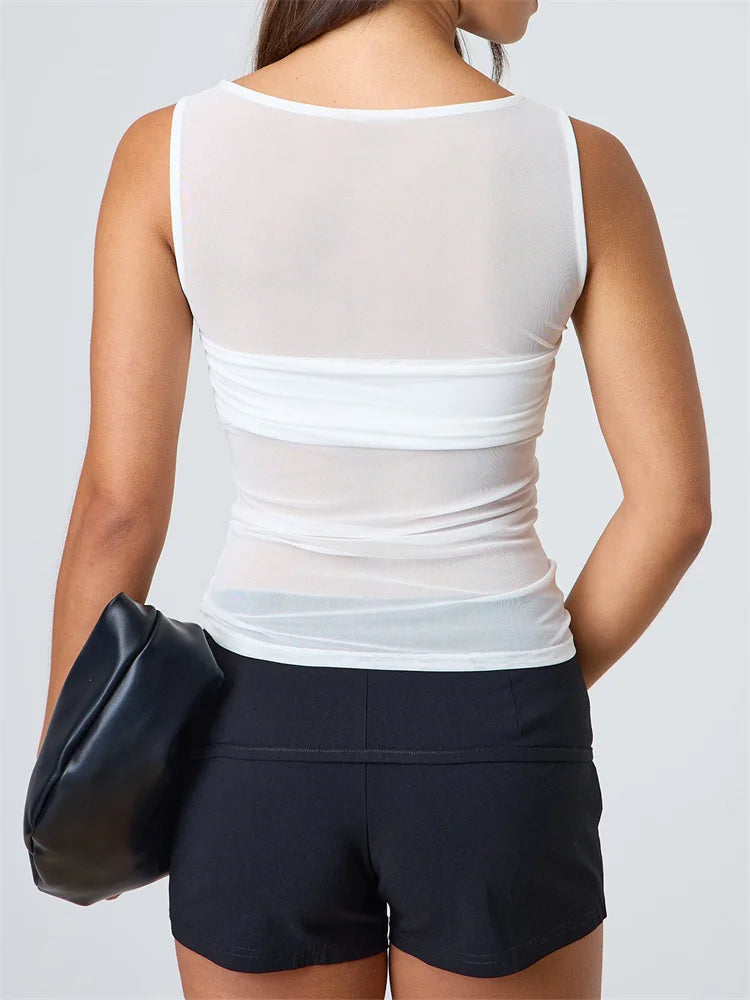 CHRONSTYLE Sexy Women Mesh Sheer See Through Tank Tops Sleeveless Round Neck Solid Color Slim Fit Ruched Patchwork Vest 2025 New