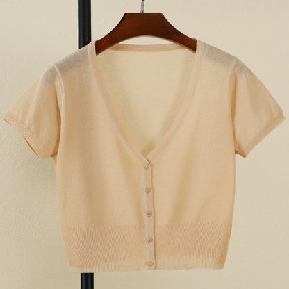 Outerwear Jerseys Summer Cardigan Women Cropped Blouses Korean Fashion Style Cute V-neck Women's Coat Black Bolero Woman Basic APRICOT CHINA