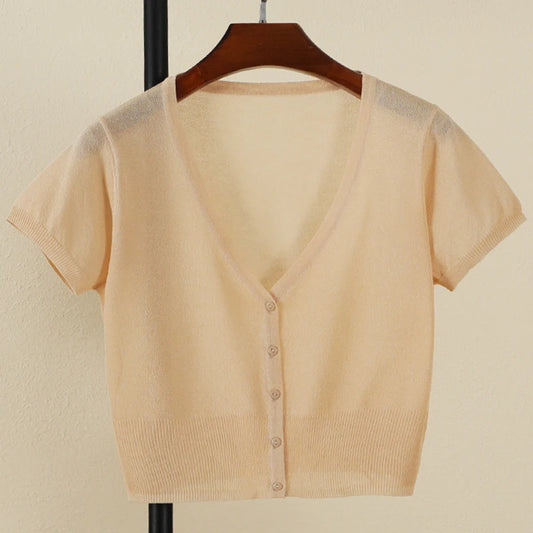 Outerwear Jerseys Summer Cardigan Women Cropped Blouses Korean Fashion Style Cute V-neck Women's Coat Black Bolero Woman Basic APRICOT CHINA