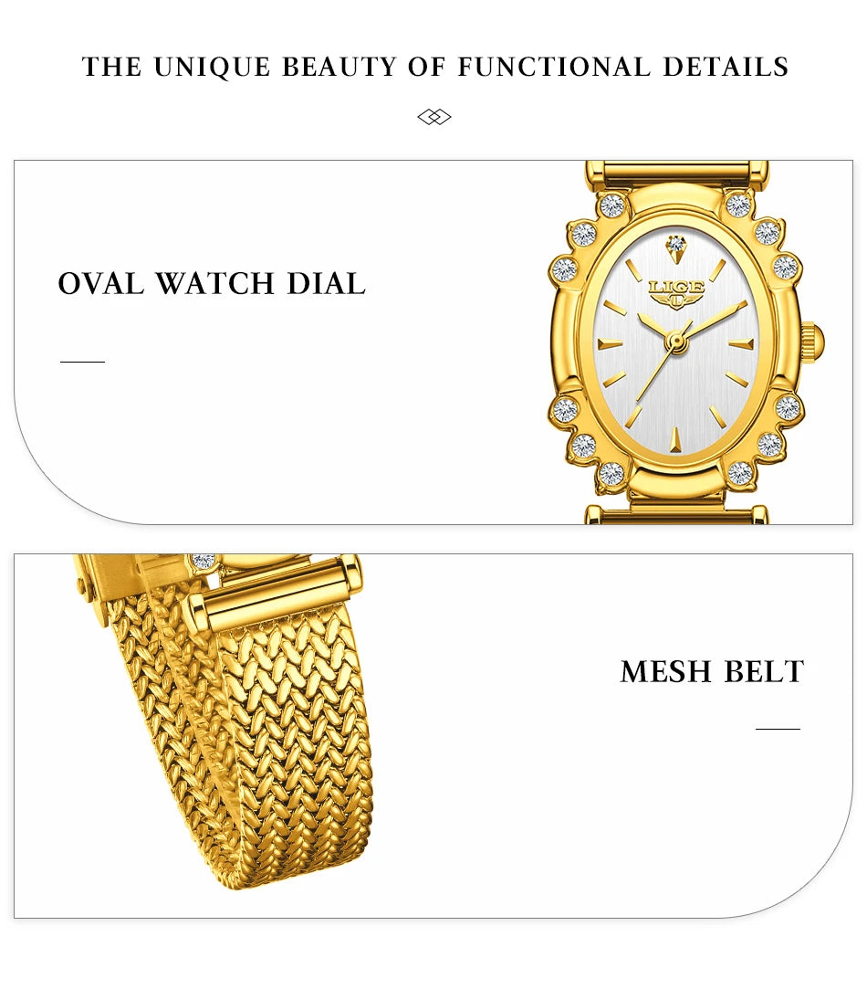 LIGE 2025 New Gold Square Watch For Women Simple Fashion Waterproof Quartz Ladies Watches Ultra-Thin Mesh Women's Bracelet Watch