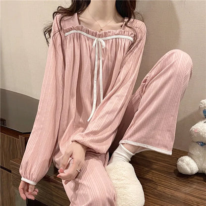 Women's Spring and Autumn Pajamas Set Women's Long-Sleeved Long Trousers Pajamas Homewear Sweet Leisure Homewear Loose Set Pink
