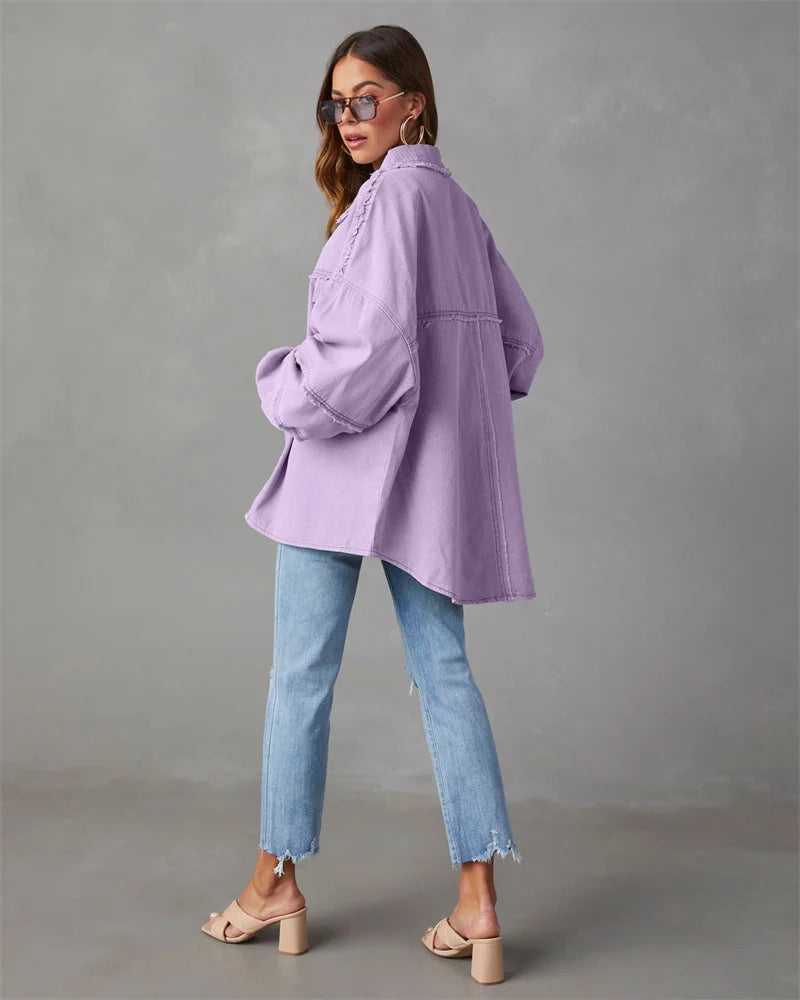 2025 Spring Autumn Shirt Style Denim Jacket Women Holes Raw-edges Jeancoat Casual Tops Female Oversize Loose Outerwear 7 Colors