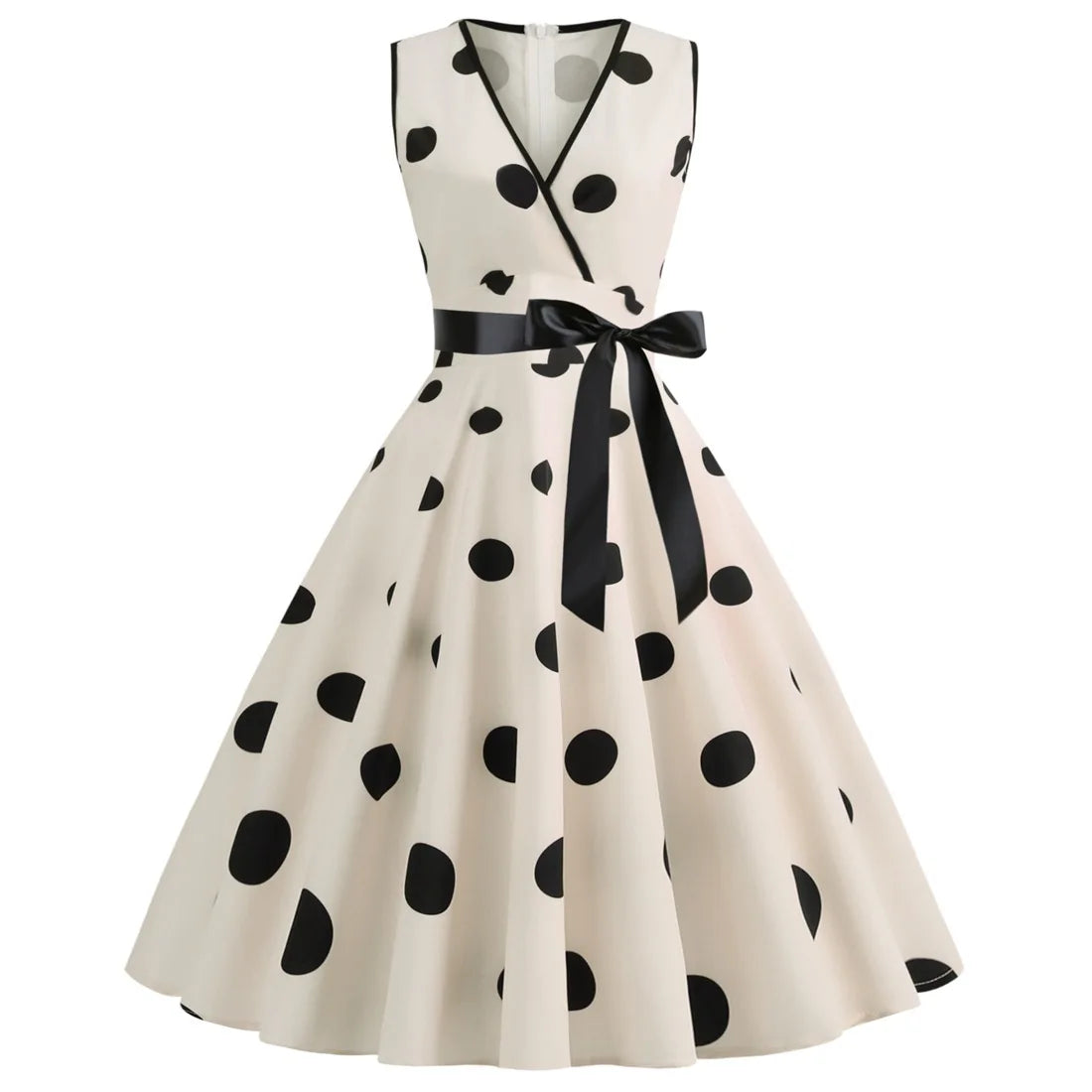 Summer V-neck sleeveless polka dot lace-up waist tucked vintage swing dress