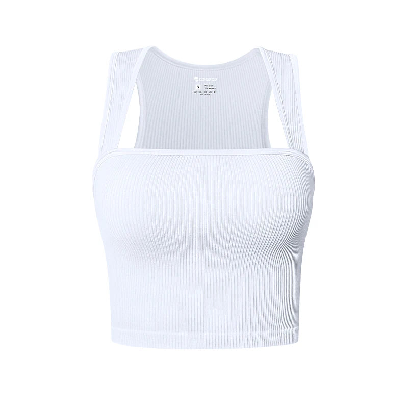 Women Slim Tank Top Sexy Square Neck Sleeveless Ribbed Tops Ladies Crop Top WHITE
