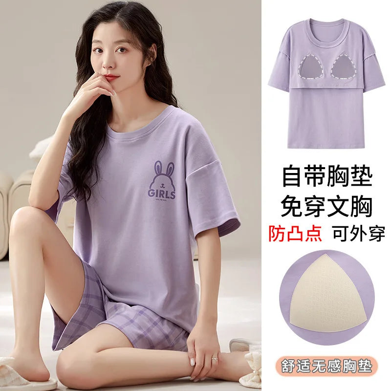 Summer 100% Cotton Women's Pajamas With Padded Bra Sweet Princess Cartoon Comfortable Short Sleeve Shorts Pajama Sets D1041 CHINA