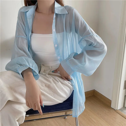 Semi Sheer Long Sleeve Shirt for Women Shimmer Button Down Collared Plain Lightweight Shirt Spring Summer Chic Tops Outfit