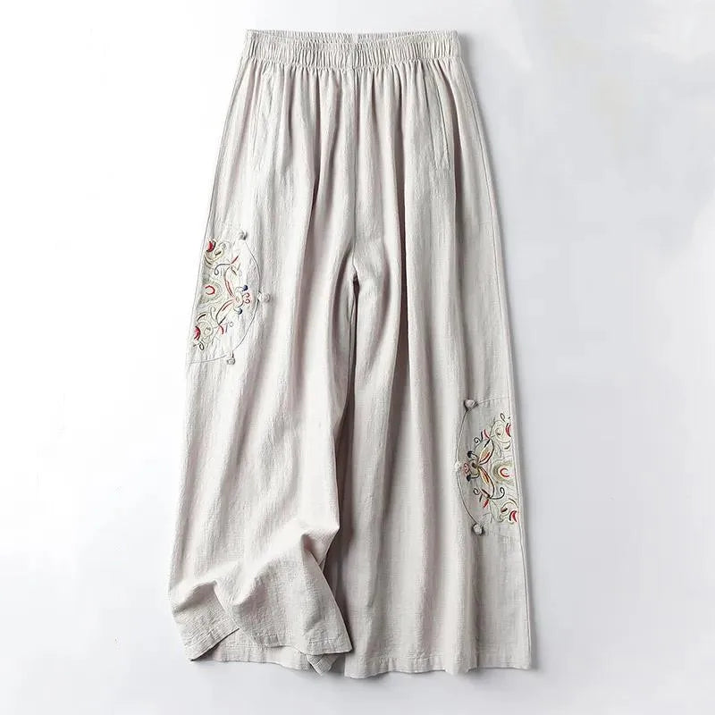 Summer Cotton Linen Cropped Pants Women Casual Thin Vintage Ethnic Bottom Embroidered Wide Leg Pants Woman Clothes Trousers beige gray