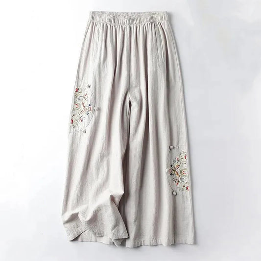 Summer Cotton Linen Cropped Pants Women Casual Thin Vintage Ethnic Bottom Embroidered Wide Leg Pants Woman Clothes Trousers beige gray