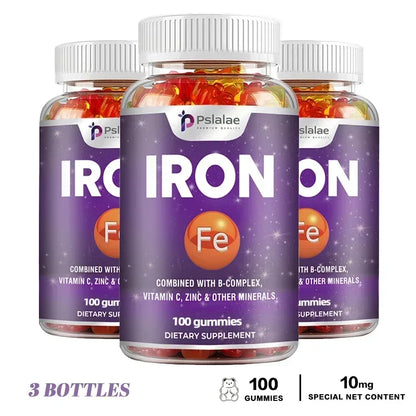 Iron Gummies - Contains Vitamin C To Support Red Blood Cell Production and Energy Levels, Improve Anemia, and Enhance Immunity 100 Gummies-3bottles