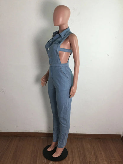 Hollow Denim Ankle Length Pants Women Overalls Spliced Washed Pencil Jeans Vintage Skinny Jean One Piece Button Sexy 2024