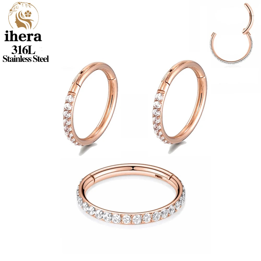 316L Stainless Steel Zircon CZ Hinged Segment Nose Septum Clicker Ring Round Earrings Hoops Ear Tragus Helix Piercing Jewelry