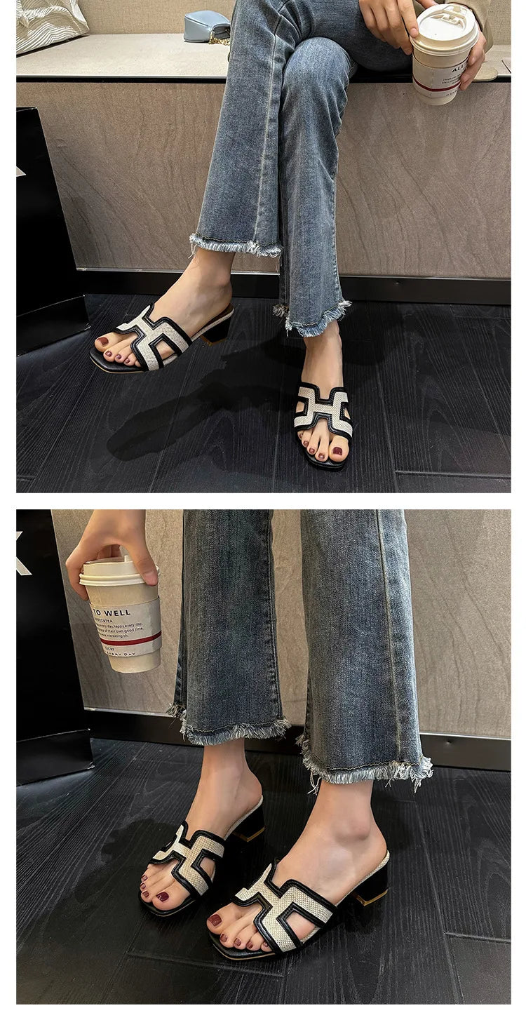 2025 Summer new arrival,fashion style grids high heel slippers for woman,thick heel outwear beach sandals for women