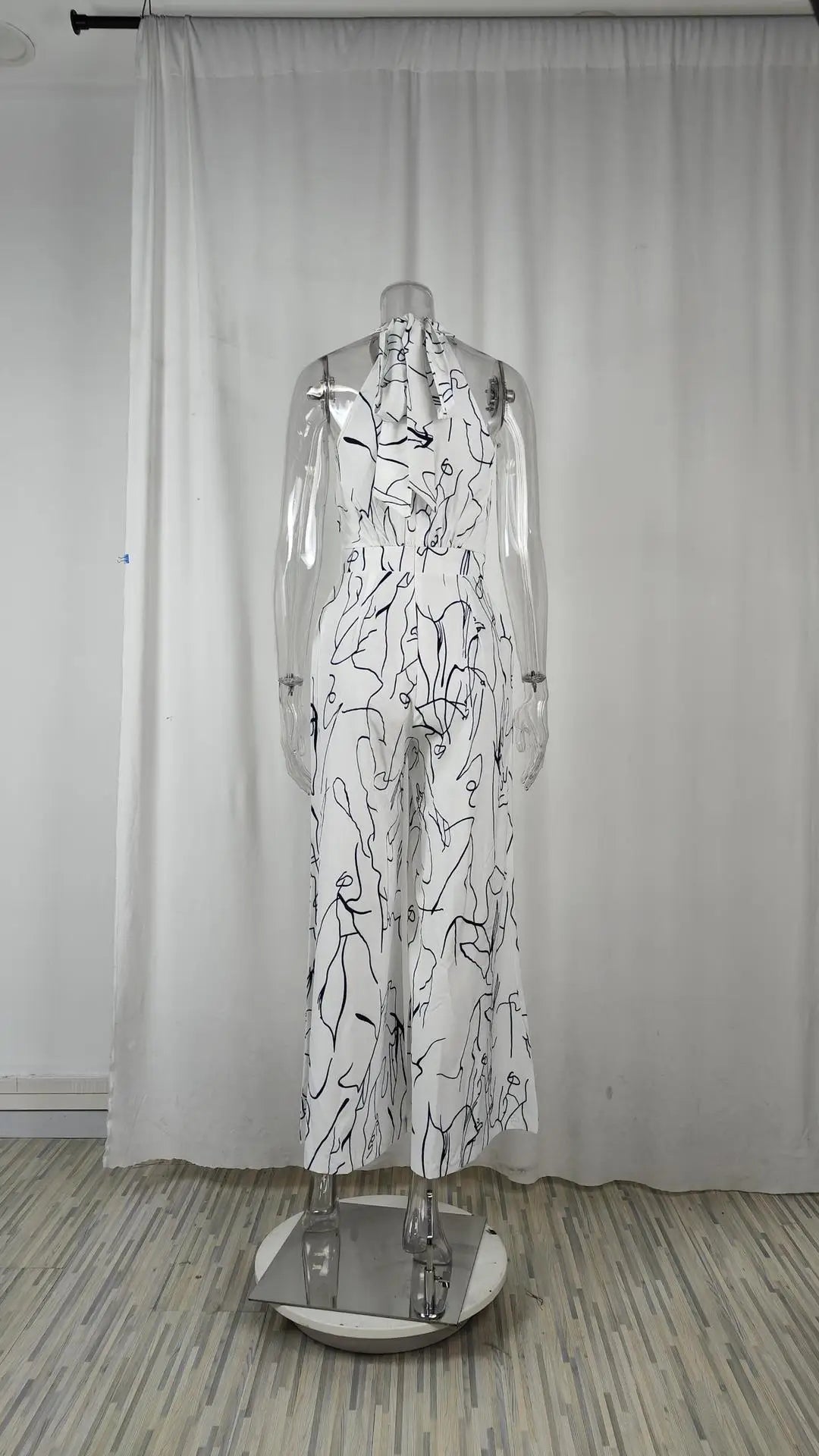 Women's 2025 Off-Shoulder Jumpsuit Flare Wide Leg Romper Artistic Print Lace-up High Waist Vacation Street Style Light Social Badiee Stylez