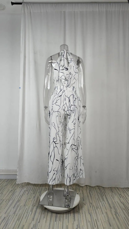 Women's 2025 Off-Shoulder Jumpsuit Flare Wide Leg Romper Artistic Print Lace-up High Waist Vacation Street Style Light Social Badiee Stylez