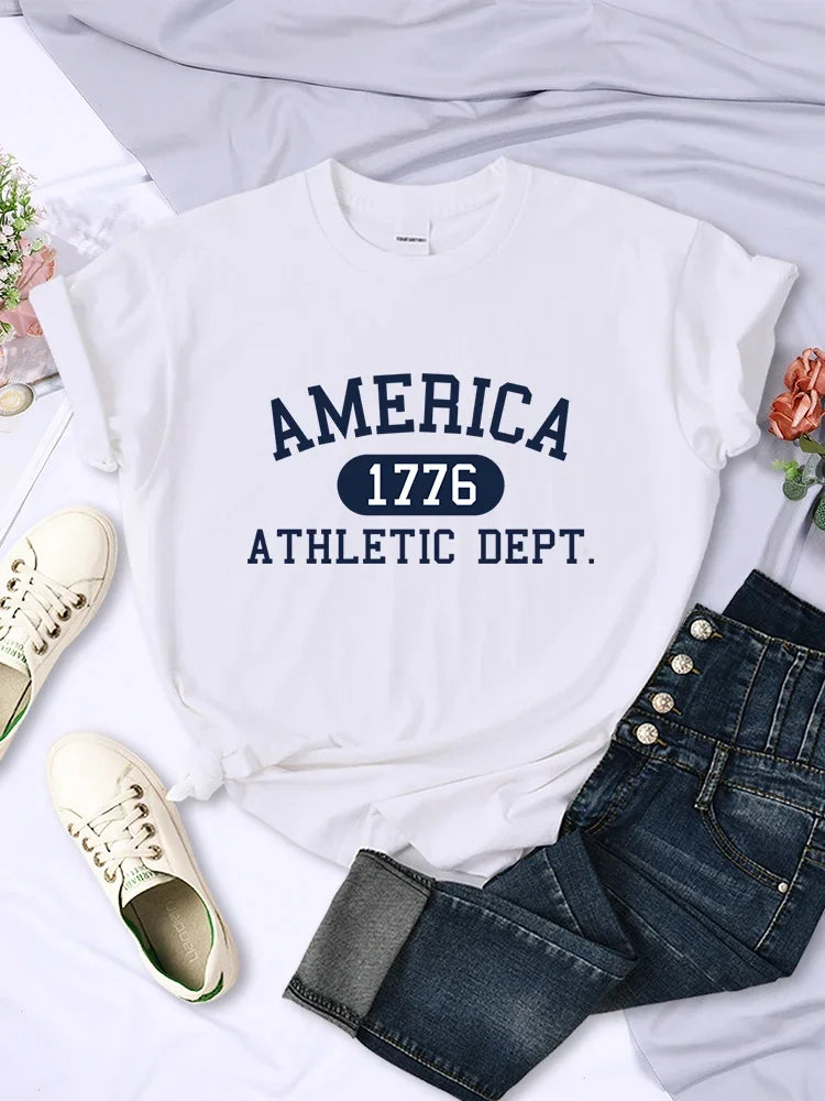 America 1776 Athletic Dept Letter T-Shirt Female Sport Casual Crop Top Cool Hip Hop Tee Shirt Soft Breathable T Shirt Women H2031-White