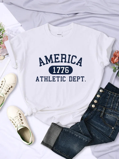 America 1776 Athletic Dept Letter T-Shirt Female Sport Casual Crop Top Cool Hip Hop Tee Shirt Soft Breathable T Shirt Women H2031-White