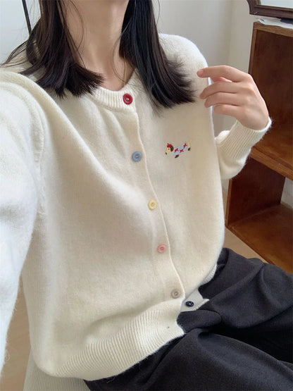 Women Knitwear Chic Embroidery Loose Casual Cardigan Autumn Winter Soft Elegant O-neck Sweaters Commute Basic Knitted Tops