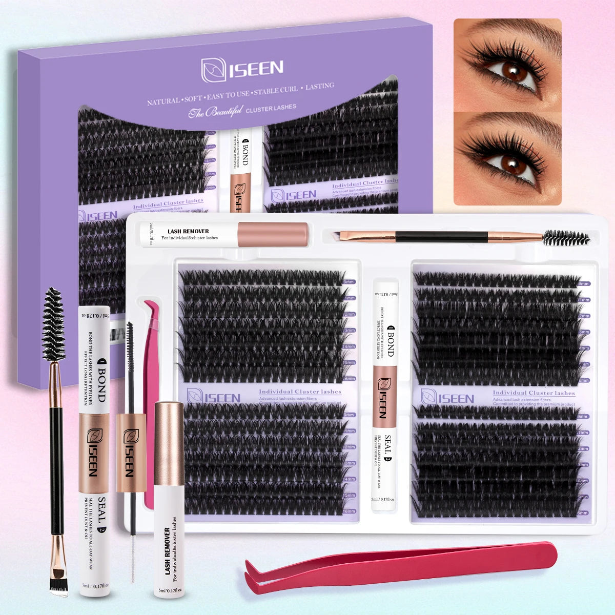 ISEEN DIY Eyelash Extension Kit Cluster Mix Eyelashes Full Set Lashes Kit with Lash Bond & Seal and Eyelash Tweezers and Brush 60D 80D