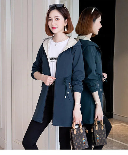 Double-Sided Trench Coat Women 2023New Fashion Spring Autumn Clothes Hooded Mid-Length Windbreakers Female Outerwear Casual Tops