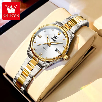 OLEVS Elegant Fashion Brand Women's Watches Gold Waterproof cCalendar Quartz Watch for Lady Stainless Steel Original Wristwatch white