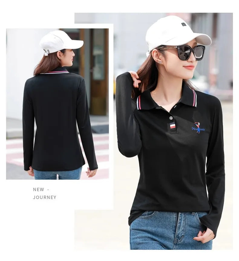 European Station Polo Neck Long sleeved T-shirt Women's Summer New High end Luxury Pure Cotton Loose Fashion Casual Large Top