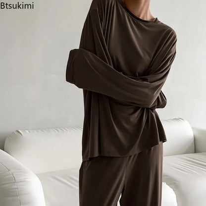 New 2025 Brown Loose Female Sleepwear Suit O-Neck Nightgowns Long Sleeve Nightwear Wide Leg Pants Women's Pajamas 2 Piece Set
