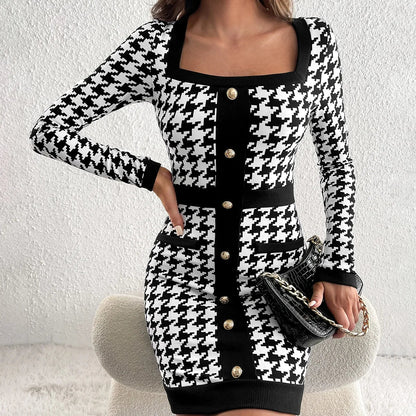 New Square Collar Long Sleeve Jacquard Plaid Stretch Tight Skintight Bandage Group Temperament Senior Sense Dress Badiee Stylez