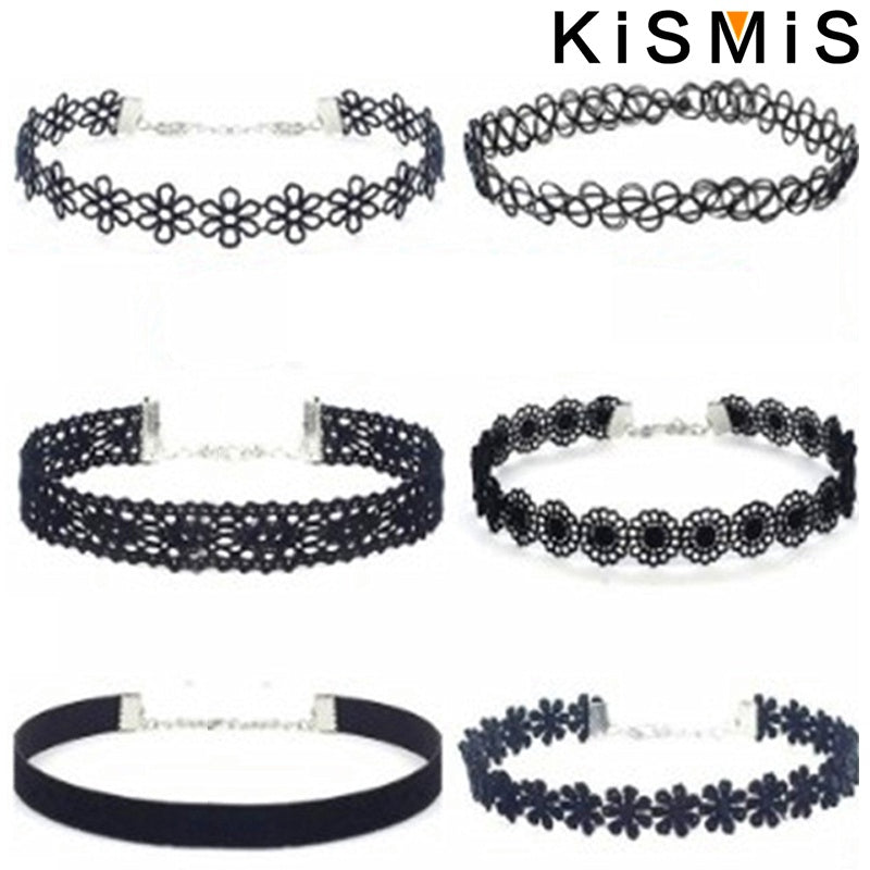 KISMIS 6Pcs/Set Black Lace Chokers Necklace Set Vintage Gothic Punk Elastic Necklace Women'S Jewelry 1Sets Badiee Stylez