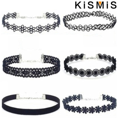 KISMIS 6Pcs/Set Black Lace Chokers Necklace Set Vintage Gothic Punk Elastic Necklace Women'S Jewelry 1Sets Badiee Stylez