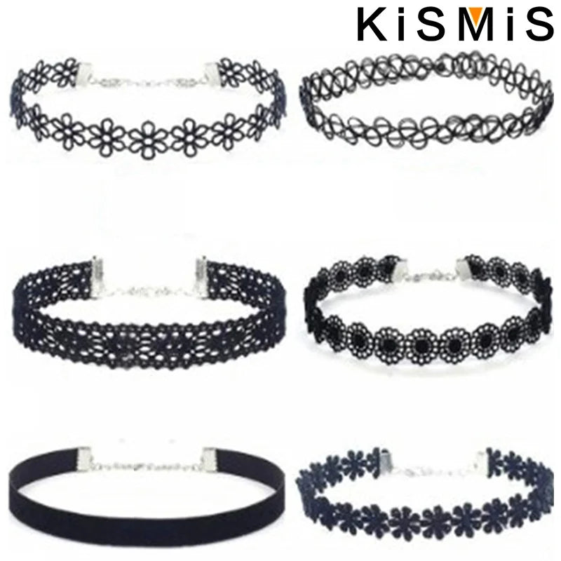 KISMIS 6Pcs/Set Black Lace Chokers Necklace Set Vintage Gothic Punk Elastic Necklace Women'S Jewelry 1Sets Badiee Stylez